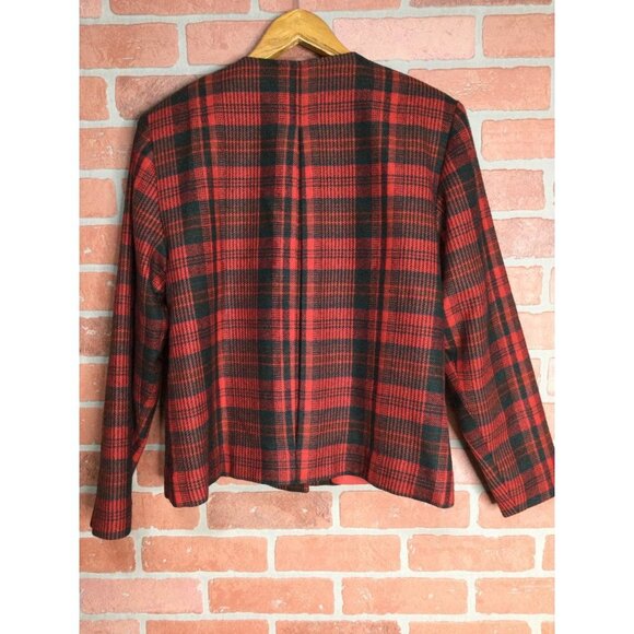 Vintage EVA Women Plaid Button Front Blazer Jacket Wool Blend Flower Brooch - Picture 4 of 6